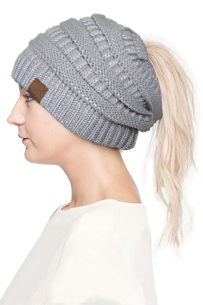 Women's Metallic Messy Bun Ponytail Beanie — beanie photo 6