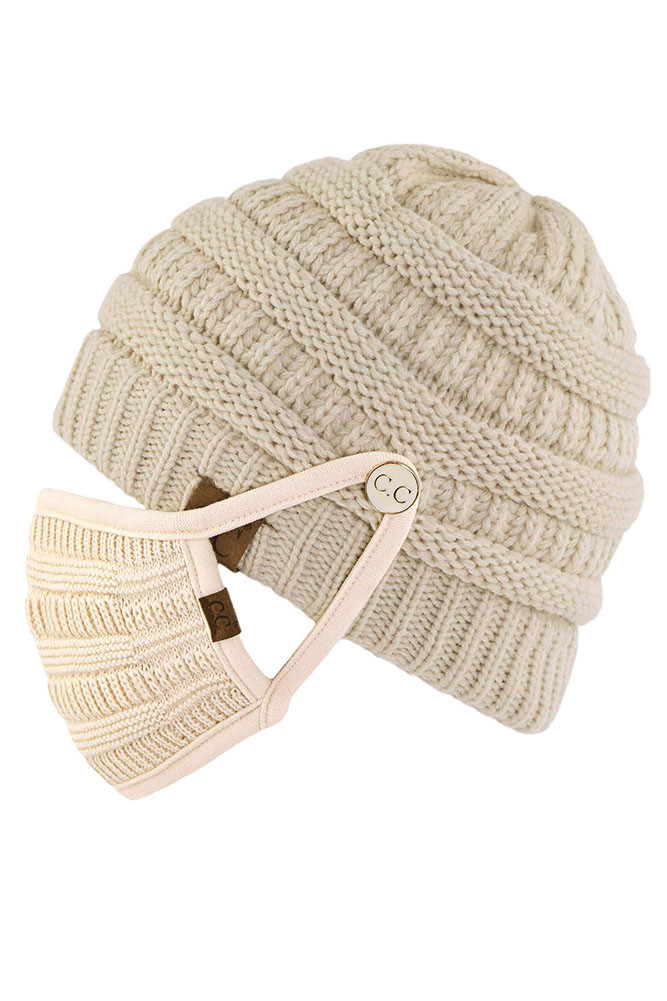 Women's Ribbed Knit Beanie with Mask Button by BURACQ