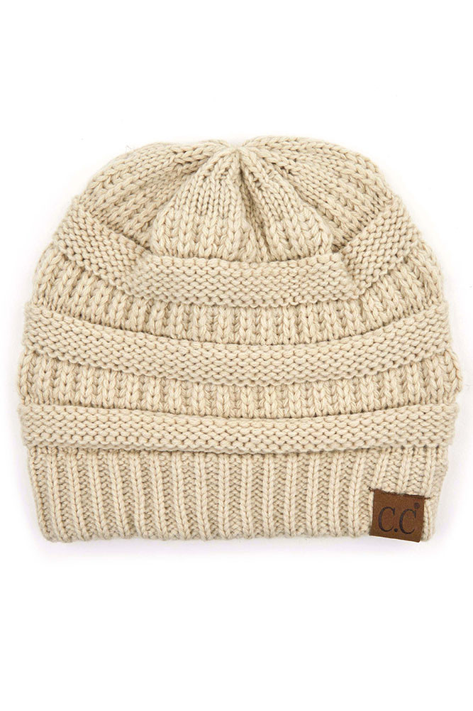 Women's Ribbed Knit Beanie with Mask Button in Beige