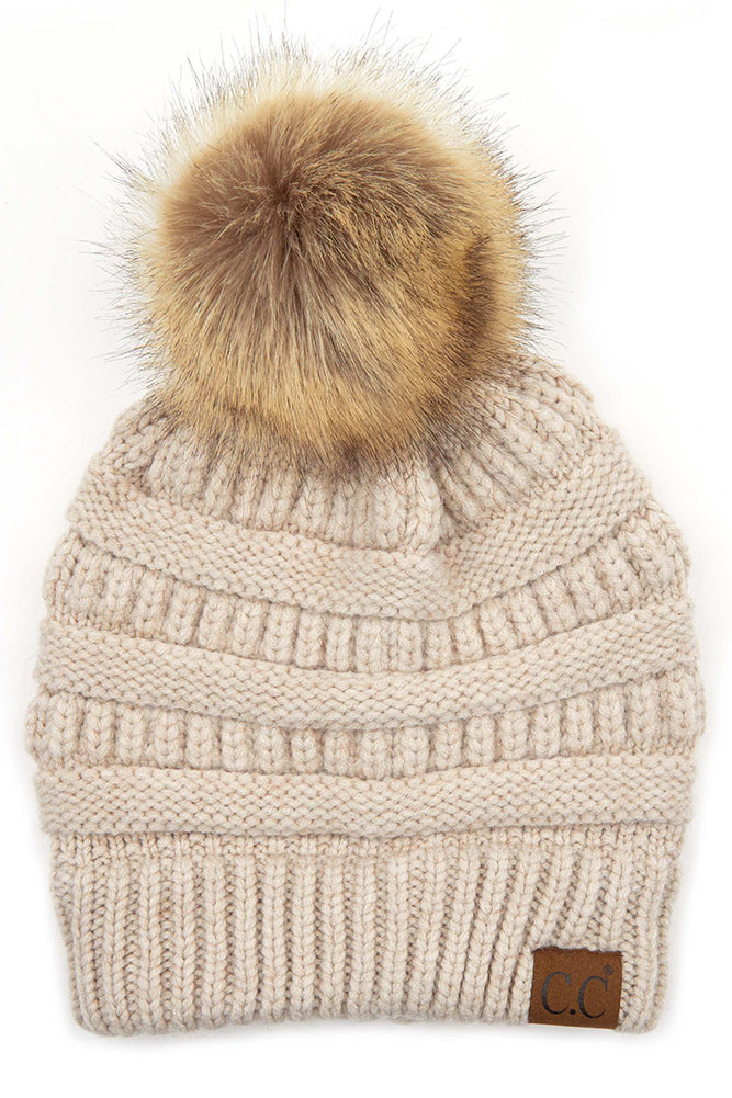 Women's Mixed Soft Yarn with Natural Pom Beanie in Beige