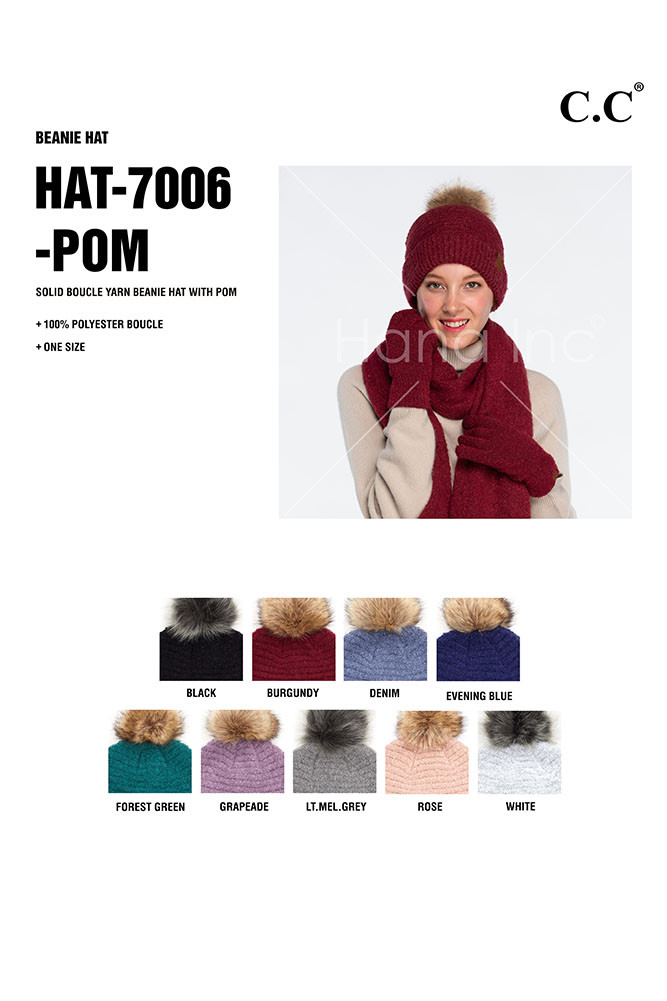 Women's Solid Boucle Yarn Beanie with Pom — beanie photo 2