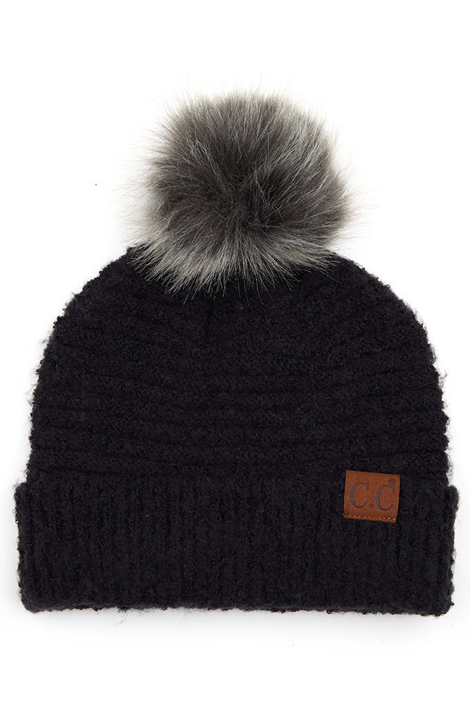 Women's Solid Boucle Yarn Beanie with Pom in Black