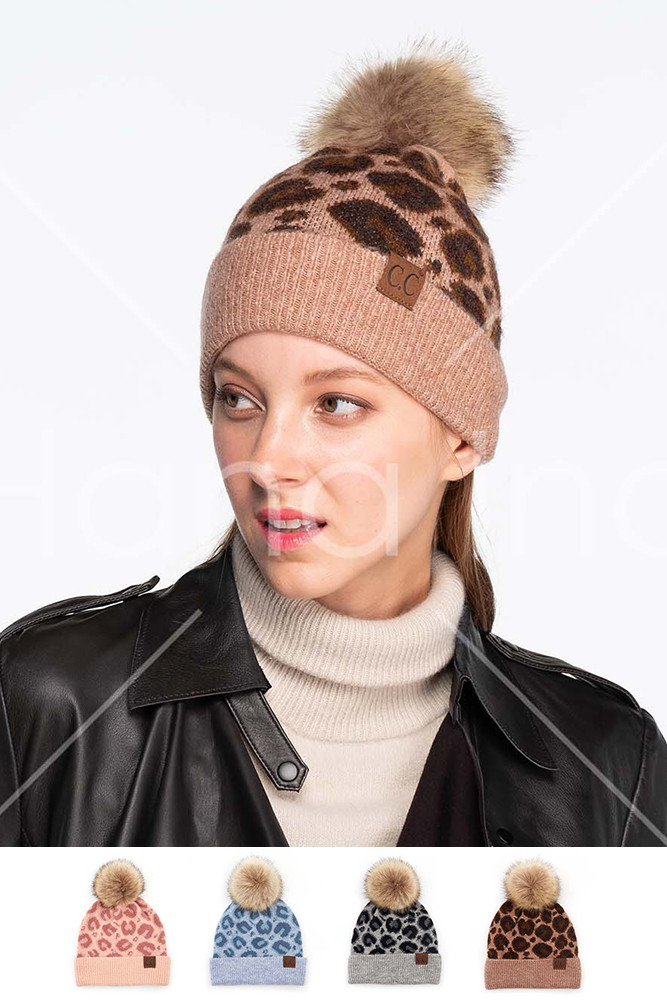 Women's Leopard Knit Beanie with Pom by BURACQ