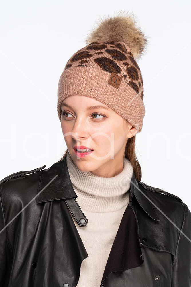 Women's Leopard Knit Beanie with Pom — beanie photo 3