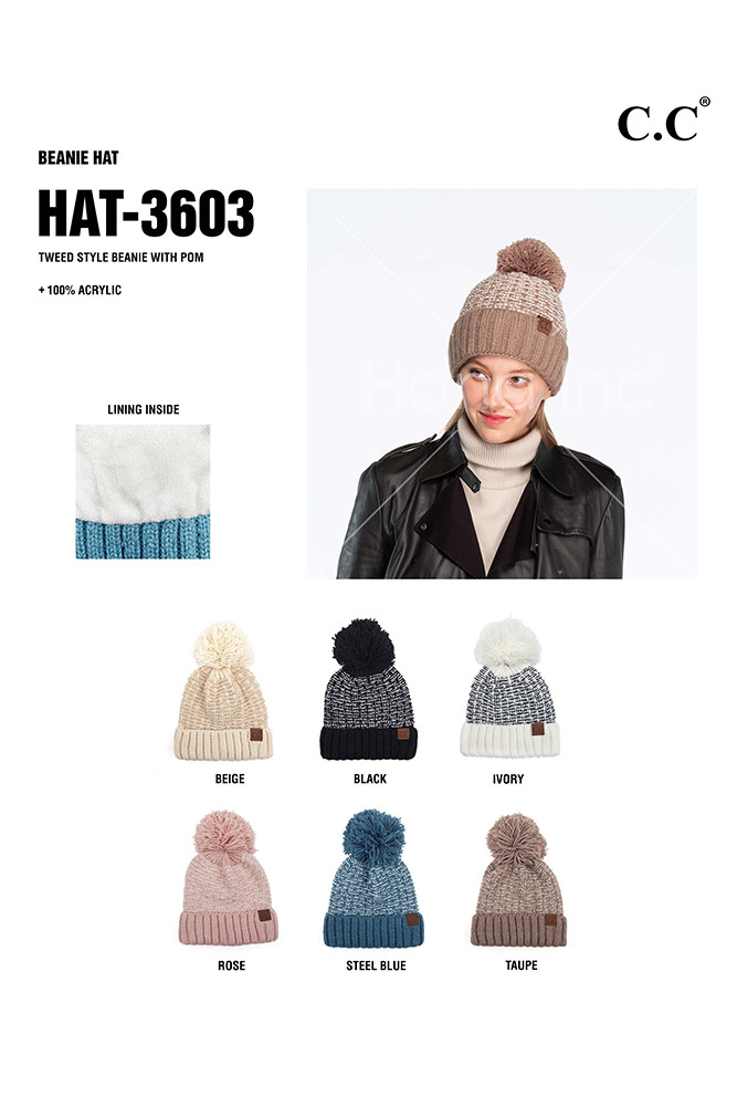 Women's Tweed Style Knit Beanie with Pom — beanie photo 2