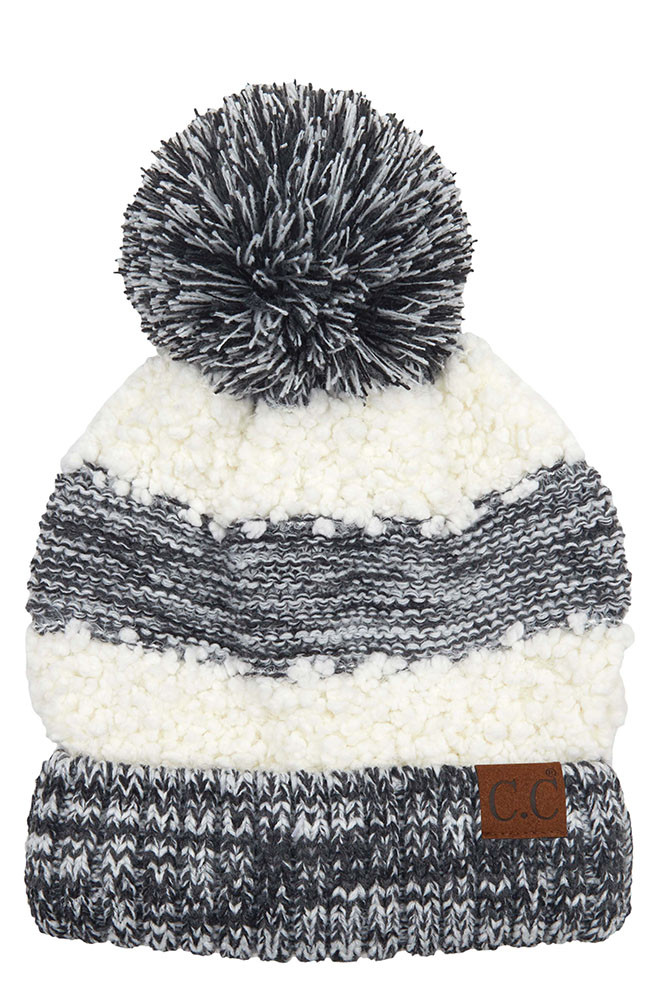 Women's Popcorn Yarn Heather Color Beanie Wth Pom in Black
