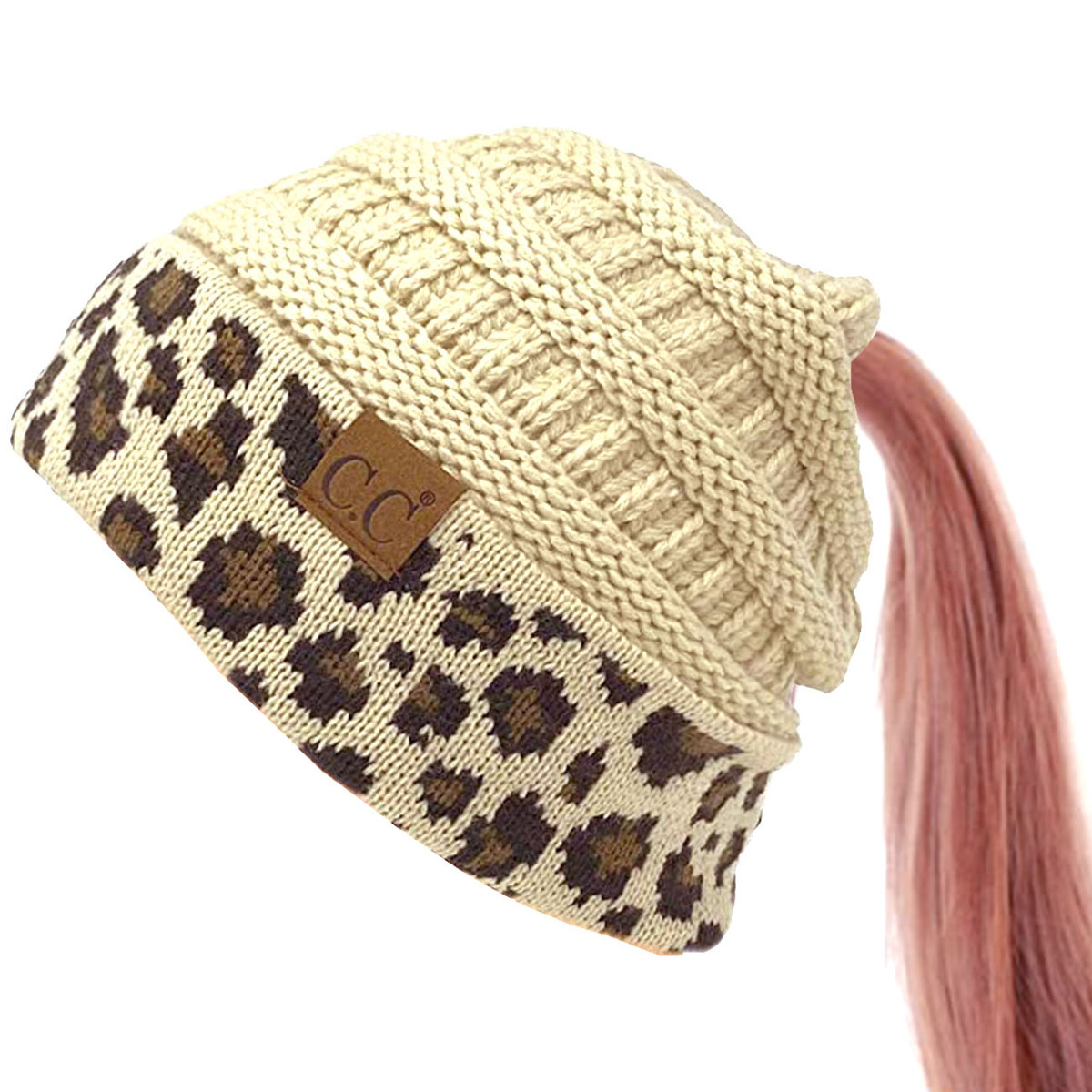 Women's Leopard Cuff Ribbed Beanie in Beige