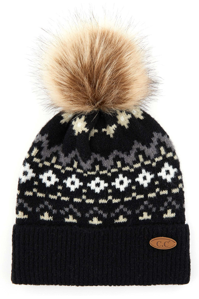 Women's Geo Ethnic Pattern Beanie with Pom — beanie photo 3