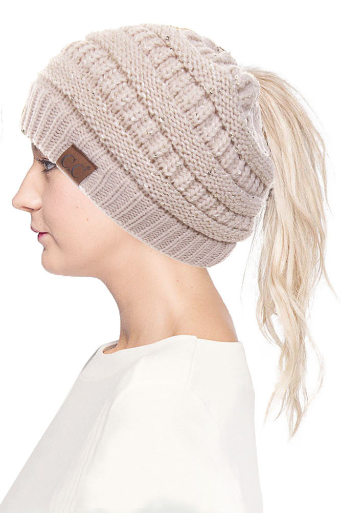 Women's Sequin Ponytail Messy Bun Beanie by BURACQ