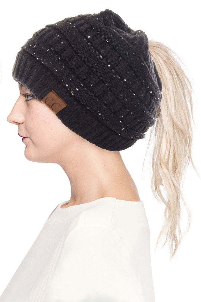 Women's Sequin Ponytail Messy Bun Beanie — beanie photo 3