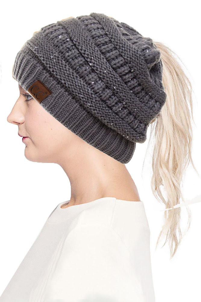 Women's Sequin Ponytail Messy Bun Beanie — beanie photo 8