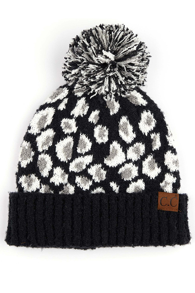 Women's Leopard Jacquard Knit Beanie in Black