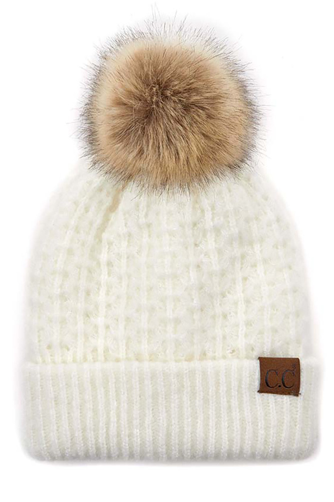Women's Smocking Stitch Pattern Pom Beanie — beanie photo 3