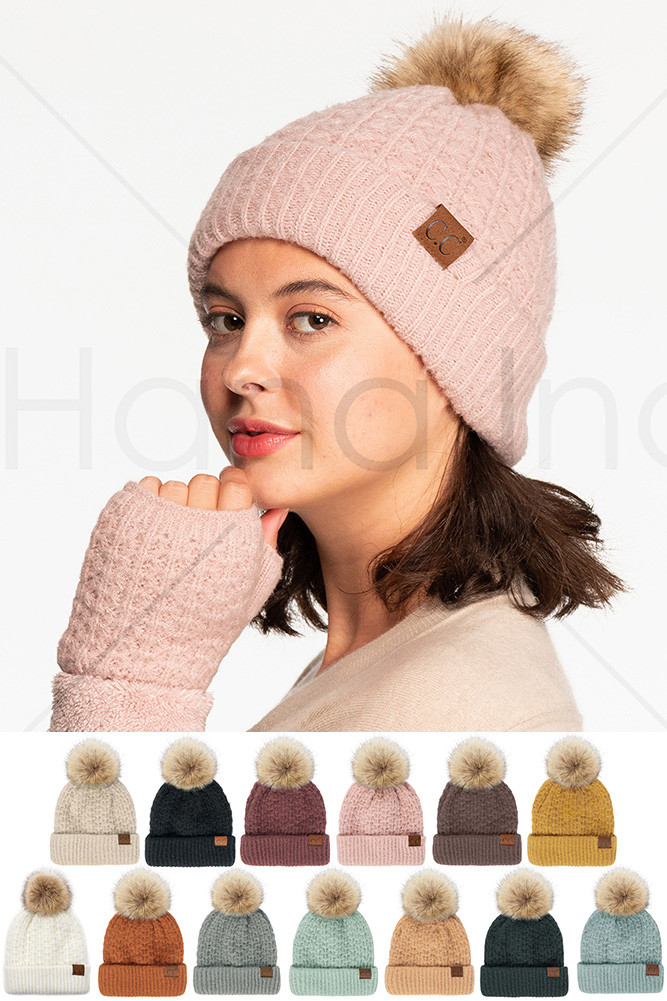 Women's Smocking Stitch Pattern Pom Beanie by BURACQ
