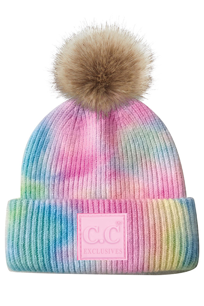 Women's Tie Dye Rubber Patch Pom Beanie in Cotton Candy