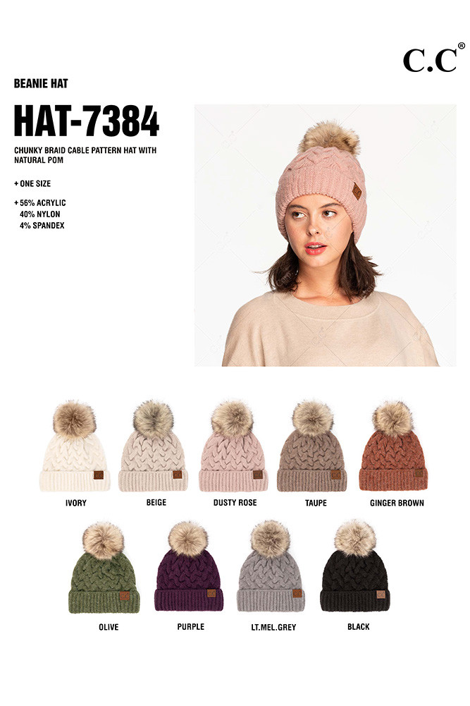 Women's Chunky Braid Cable Pattern Pom Hat — hat photo 2