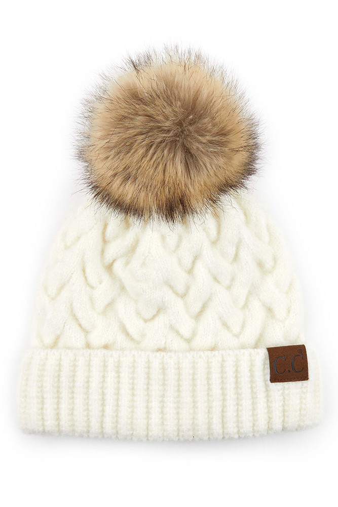 Women's Chunky Braid Cable Pattern Pom Hat — hat photo 3