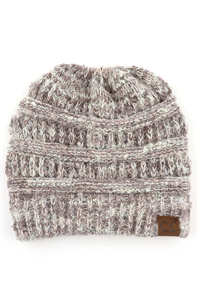 Women's Popcorn Confetti Messy Bun Beanie in Beige
