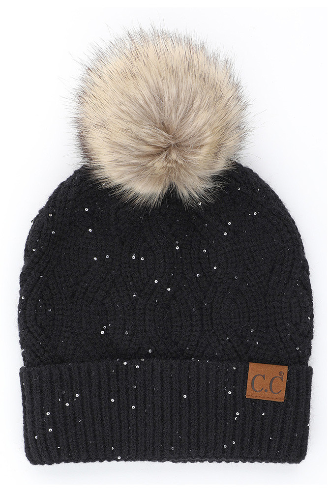 Women's Brioche Cable Pattern Sequin Beanie — beanie photo 3