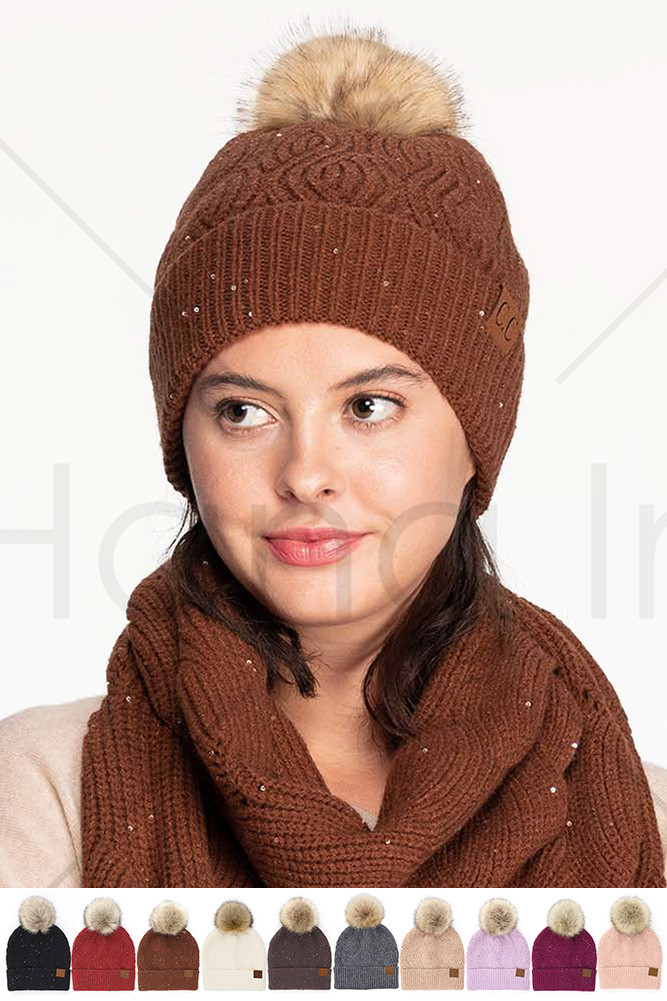 Women's Brioche Cable Pattern Sequin Beanie by BURACQ