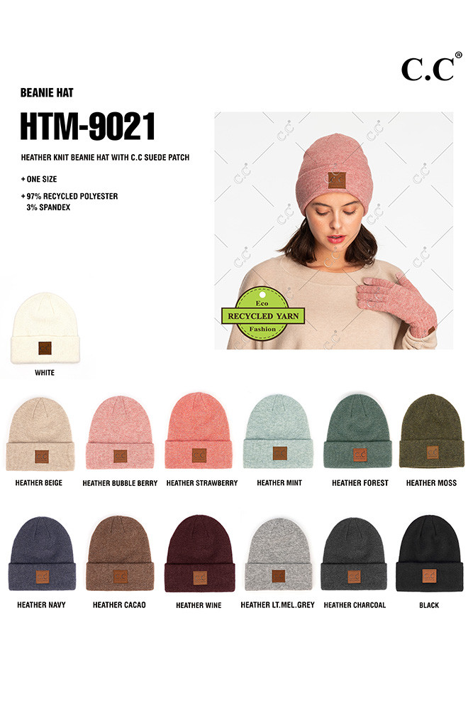 Women's Heather Knit Suede Patch Beanie by BURACQ