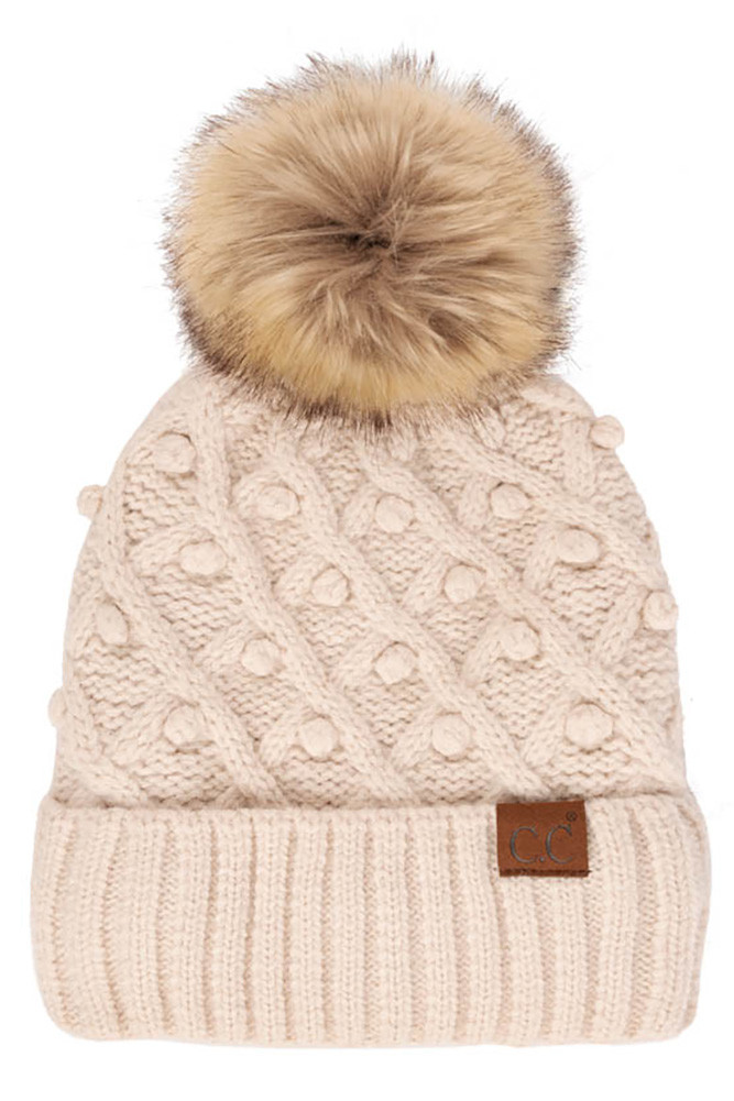 Women's Bobble Beanie in Beige