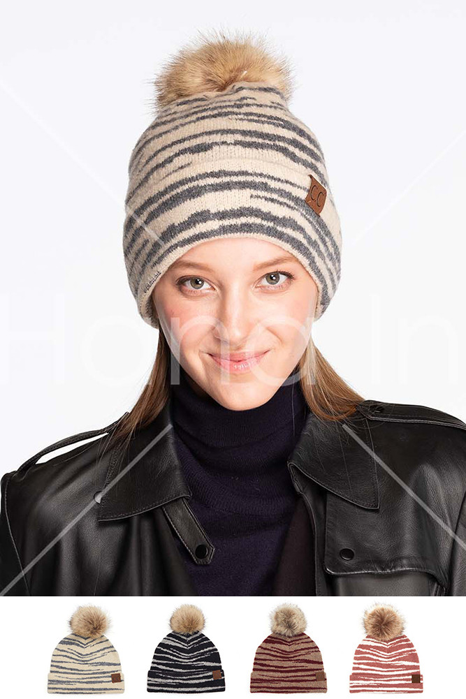 Women's Zebra Pattern Pom Beanie by BURACQ