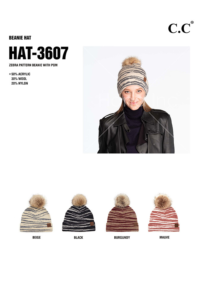 Women's Zebra Pattern Pom Beanie — beanie photo 2