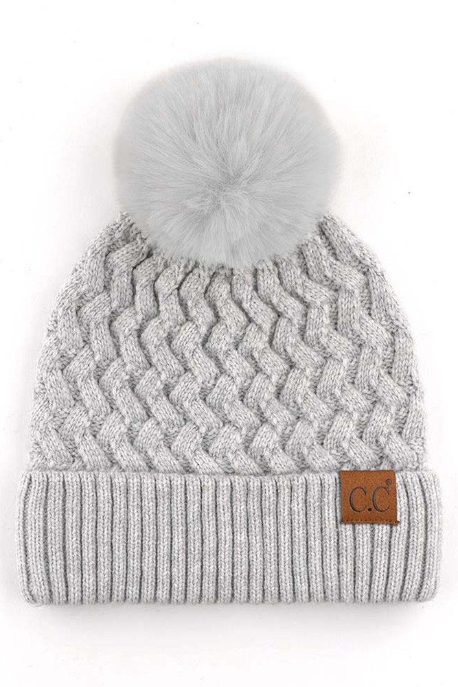 Women's Woven Cable Stitch Cuff Soft Pom Beanie — beanie photo 2