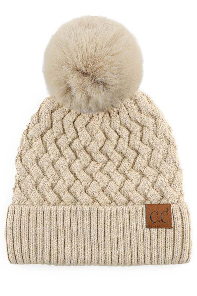 Women's Woven Cable Stitch Cuff Soft Pom Beanie in Beige