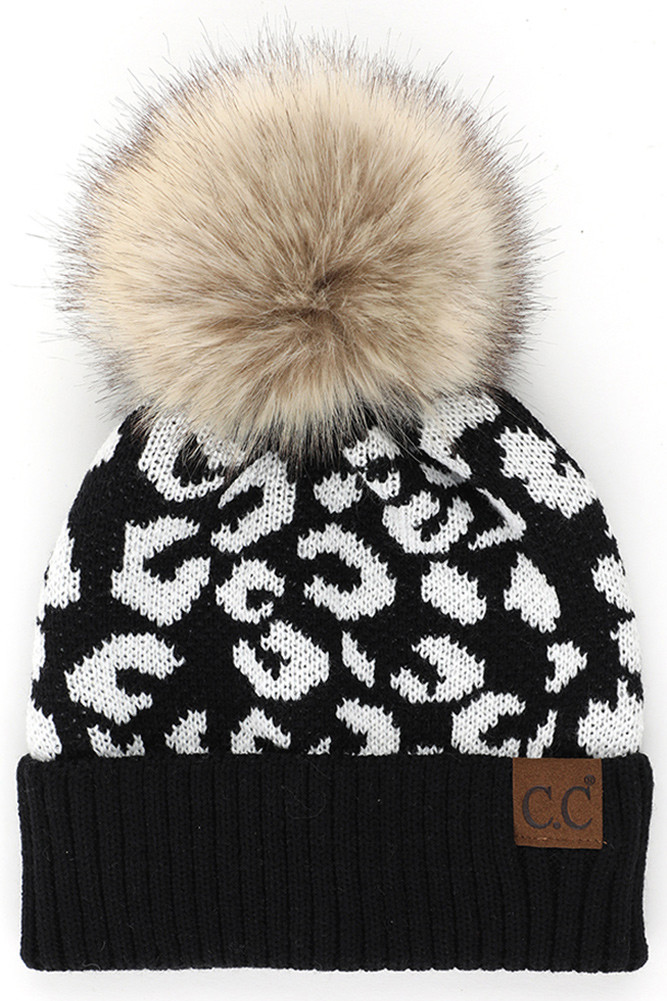 Women's Leopard Pattern Pom Beanie in Black