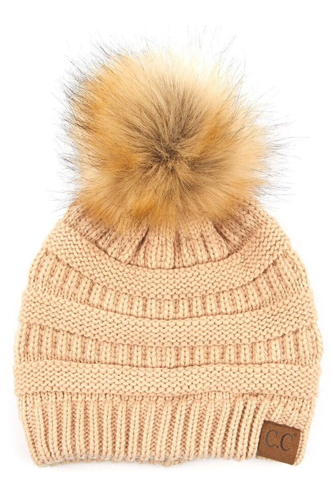 Women's Solid Ribbed Knit Beanie with Pom by BURACQ