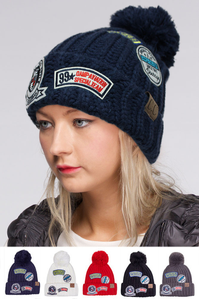 Women's Fashion Pom Beanie with Patch by BURACQ