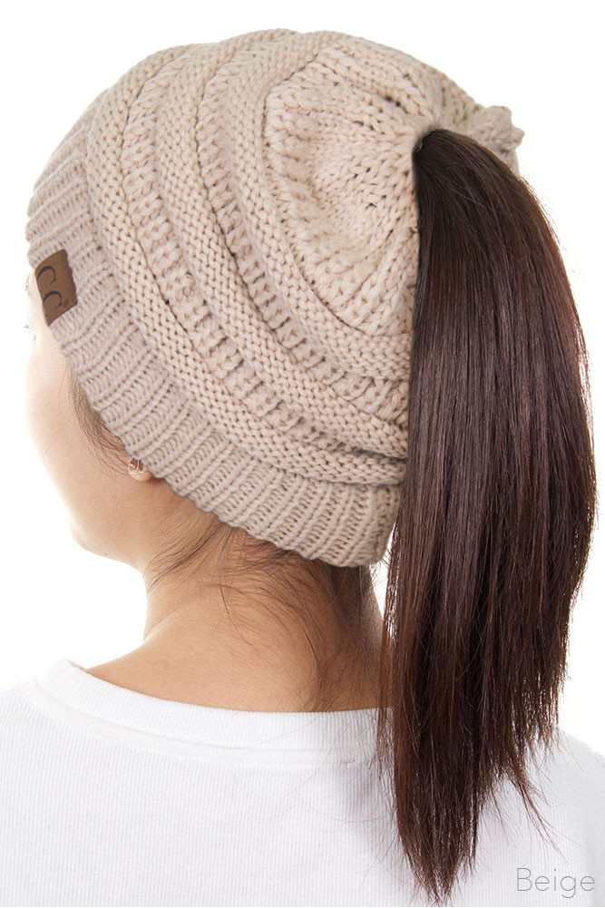 Women's Solid Ponytail Messy Bun Beanie by BURACQ