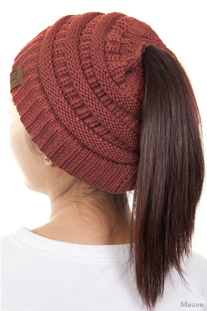 Women's Solid Ponytail Messy Bun Beanie — beanie photo 2