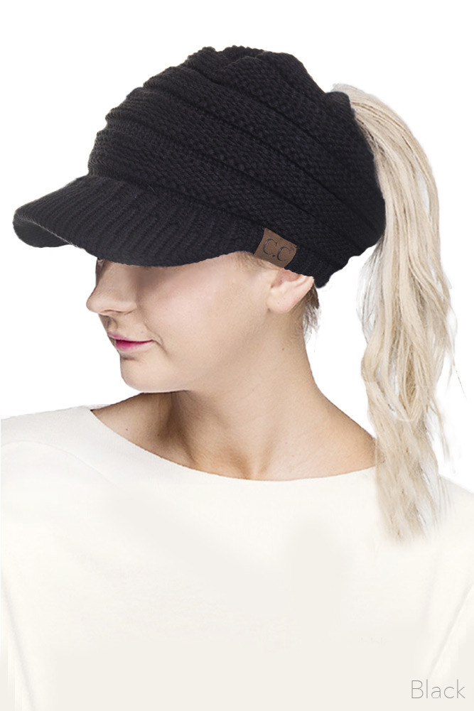 Women's Knit Brim Messy Bun Ponytail Beanie — beanie photo 5