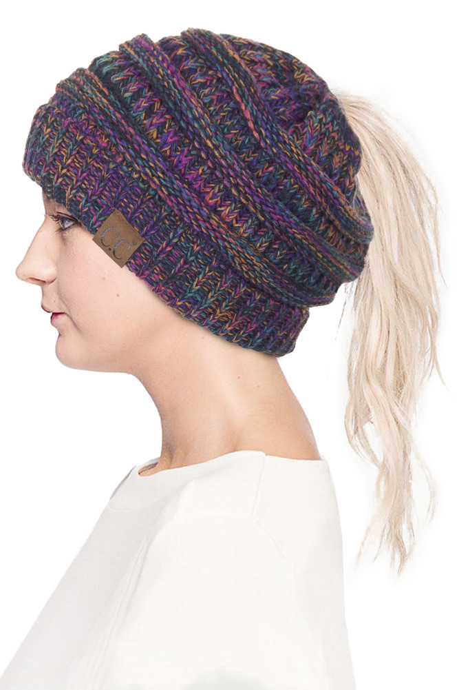 Women's Mix Color Knit Ponytail Messy Bun Beanie — beanie photo 2