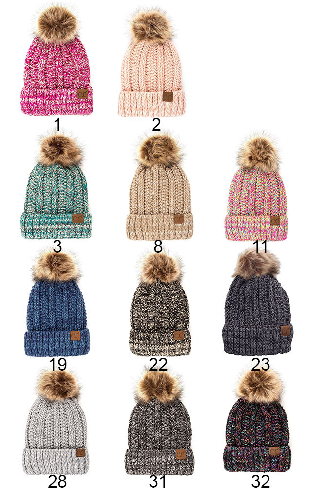 Women's Fuzzy Fleece Lining Knit Hat with Pom in Mix