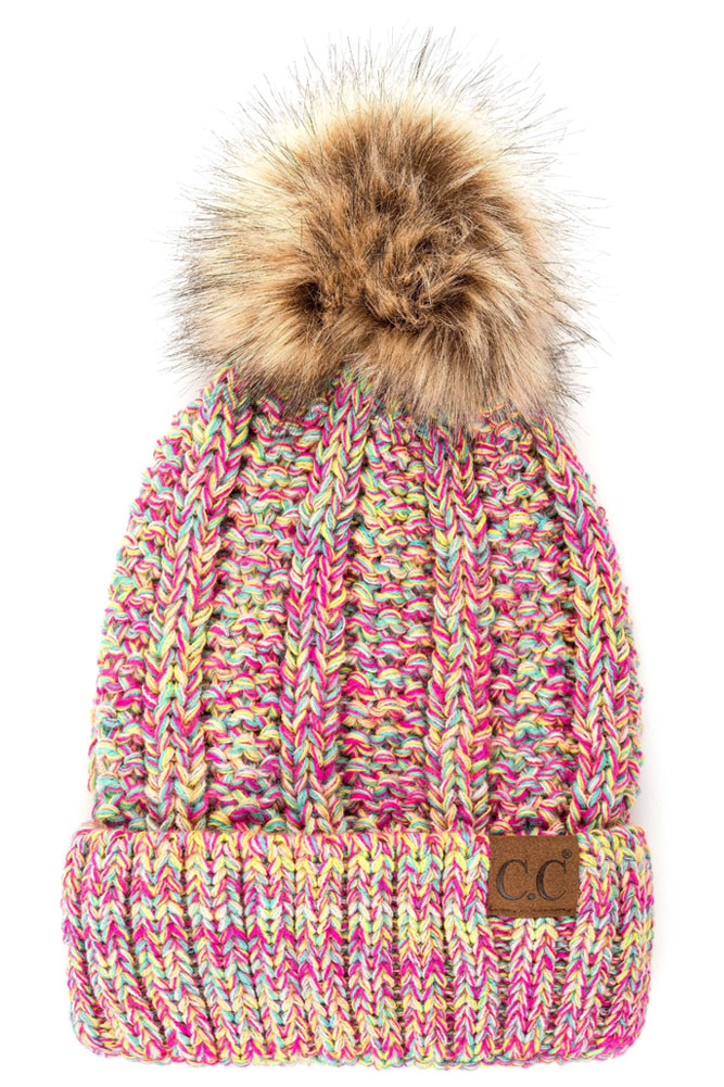 Women's Fuzzy Fleece Lining Knit Hat with Pom in Mix
