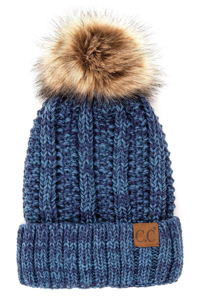 Women's Fuzzy Fleece Lining Knit Hat with Pom in Mix