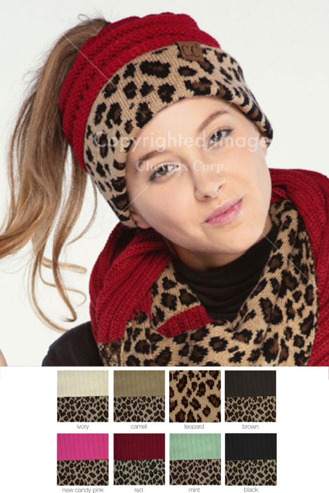 Women's Leopard Cuff Knit Messy Bun Ponytail Beanie by BURACQ