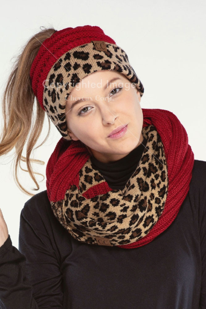 Women's Leopard Cuff Knit Messy Bun Ponytail Beanie — beanie photo 3