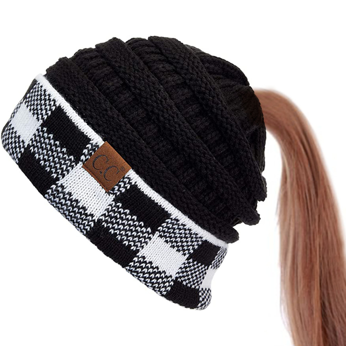 Women's Buffalo Check Messy Bun Ponytail Beanie — beanie photo 2