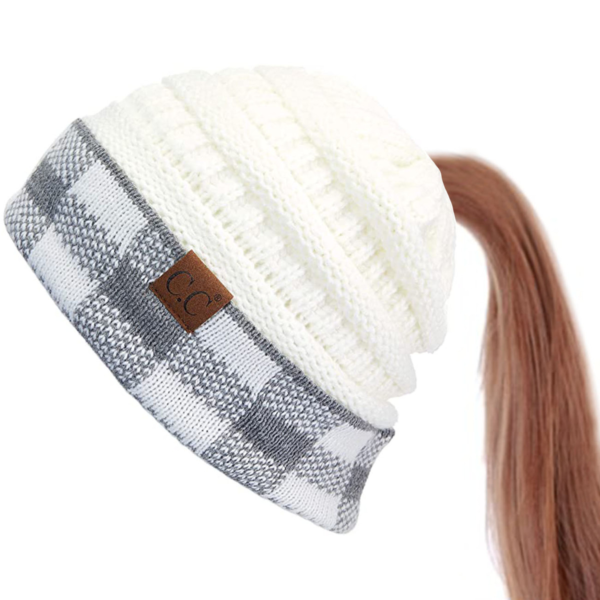 Women's Buffalo Check Messy Bun Ponytail Beanie — beanie photo 4