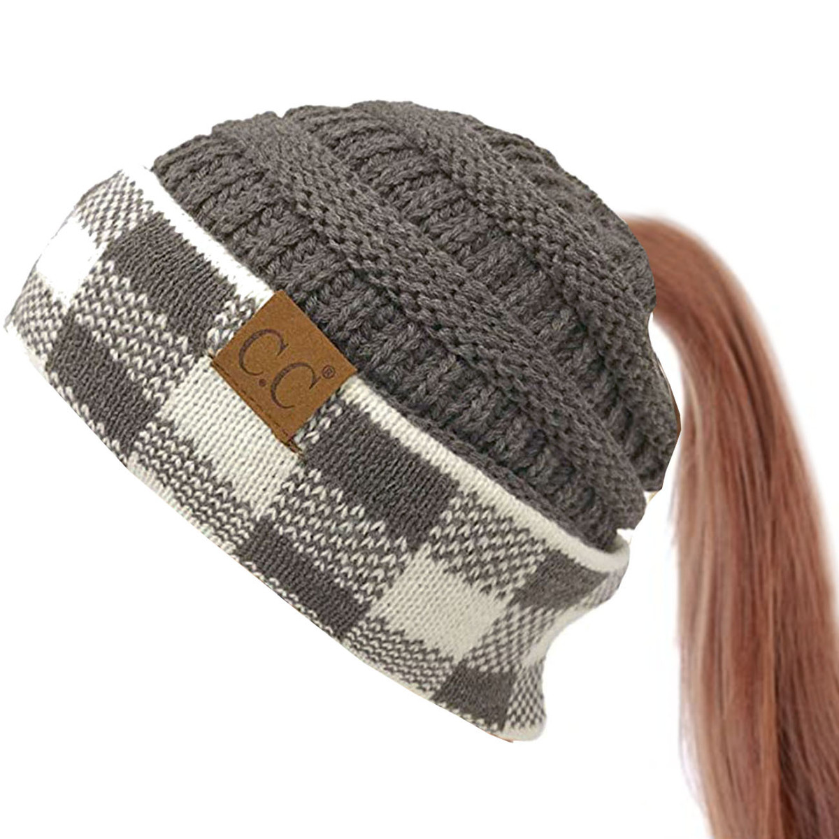 Women's Buffalo Check Messy Bun Ponytail Beanie — beanie photo 6
