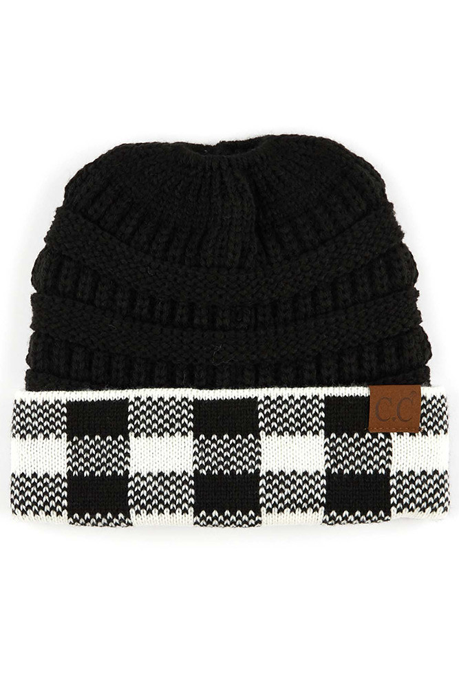Women's Buffalo Check Messy Bun Ponytail Beanie — beanie photo 8