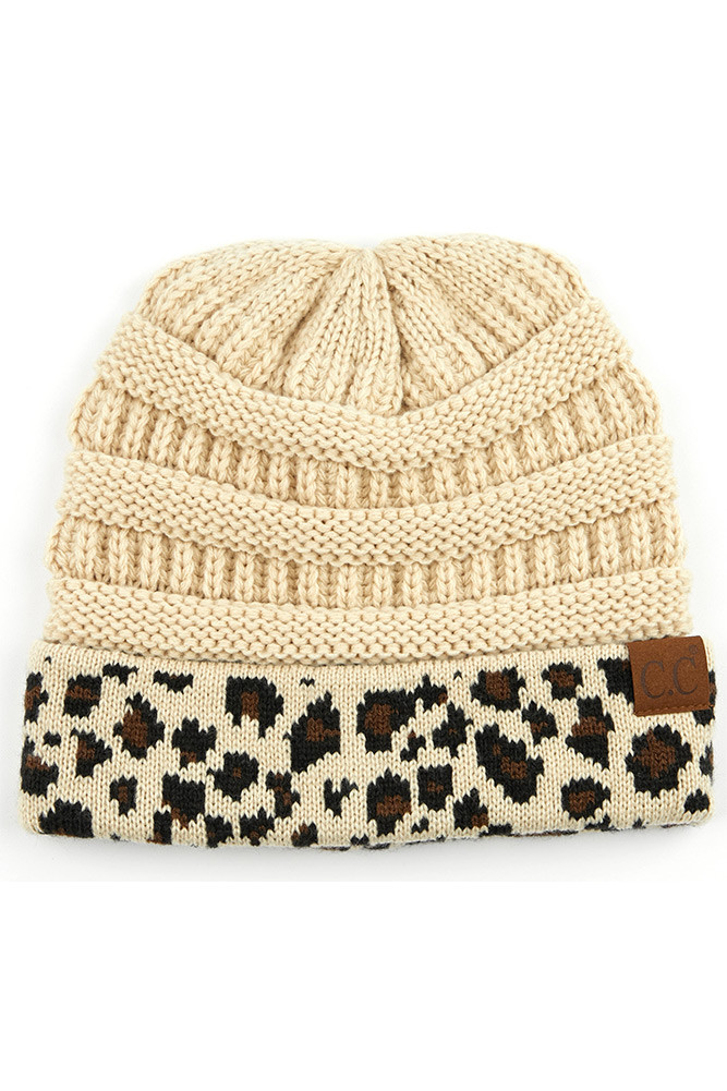 Women's Solid Beanie with Leopard Cuff in Beige
