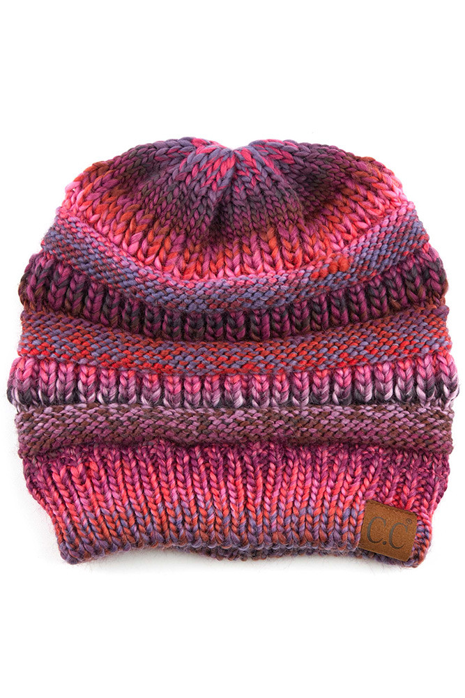 Women's Multicolor Cable Knit Beanie in Burgundy