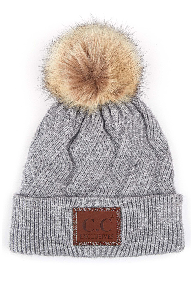 Women's Geometric Cable Knit Beanie with Pom — beanie photo 2