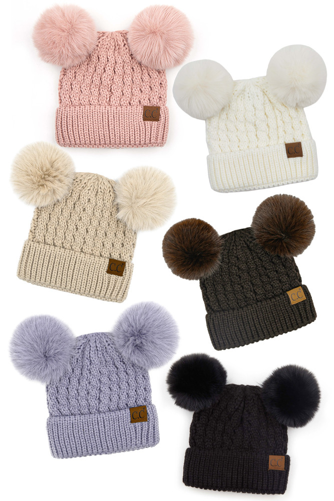 Women's All Over Cable Patern Double Pom Pom Beanie by BURACQ